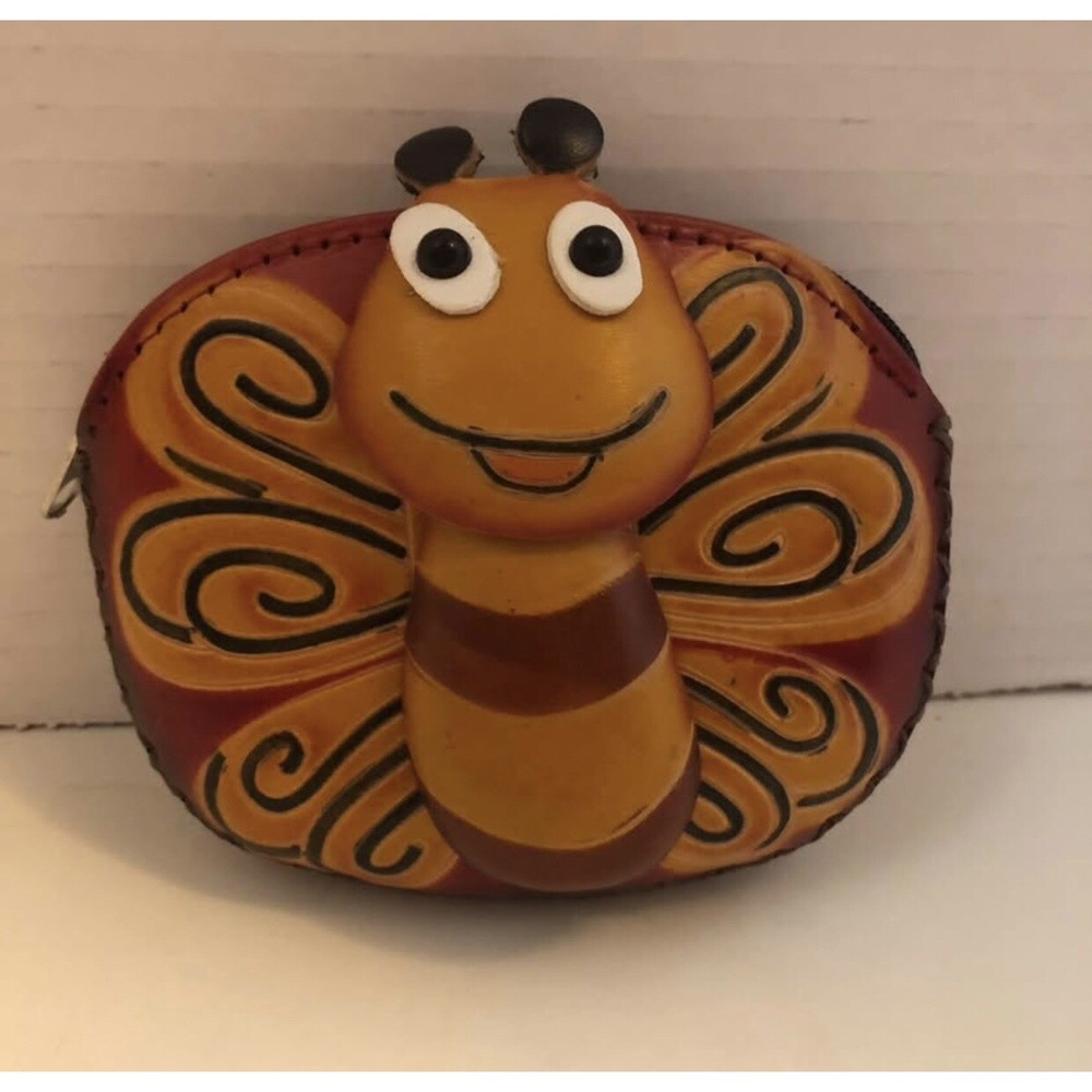 Leather Coin Purse Bee/Butterfly  Whimsical Organization